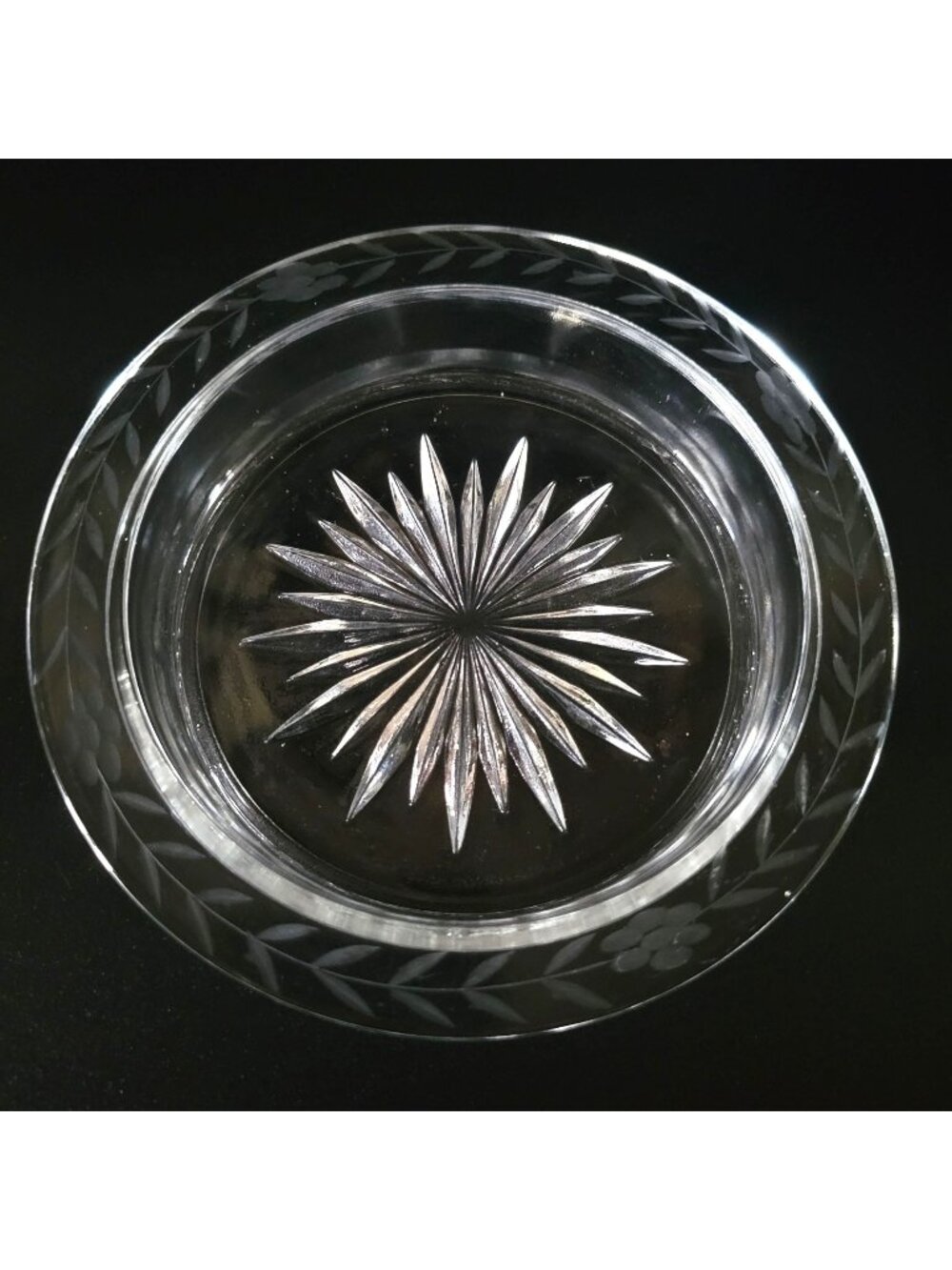 Vintage Clear Glass Bottle Coaster Starburst Center Etched Floral Leaf Pattern